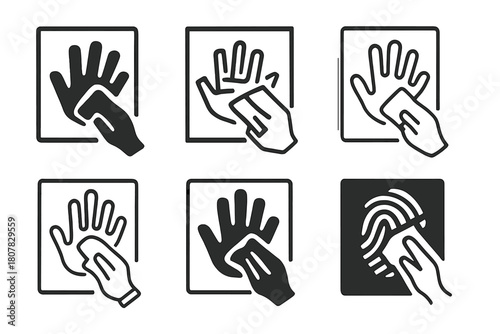 Fingerprint Erasure Icons. Wiping fingerprints off glass. Icon set. Set Logo of wiping fingerprints off glass: handprint partially erased from a