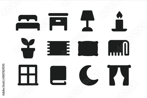 Relaxing Decor Icons. Relaxing decor. Solid icon set of Relaxing decor: bed, nightstand, lamp, candle, plant, rug, pillow, blanket, window, book, moon,