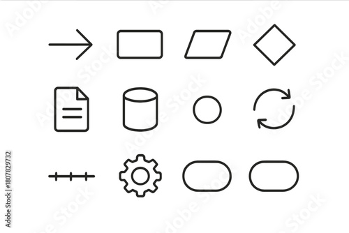 Process Mapping Icons. Process mapping. Line icon set of process mapping: flow arrow, process box, input symbol, decision diamond, document, data flow,