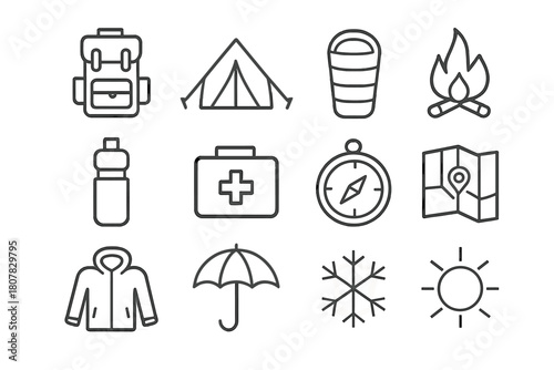 Survival Gear Icons. Survival gear set. Line icon set of Survival gear set: backpack, tent, sleeping bag, fire, water bottle, first aid kit, compass, map,