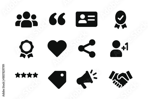 Social Proof Icons. Social Proof. Solid icon set of Social Proof: crowd silhouettes, quote marks, testimonial card, verified check, ribbon badge, heart like,
