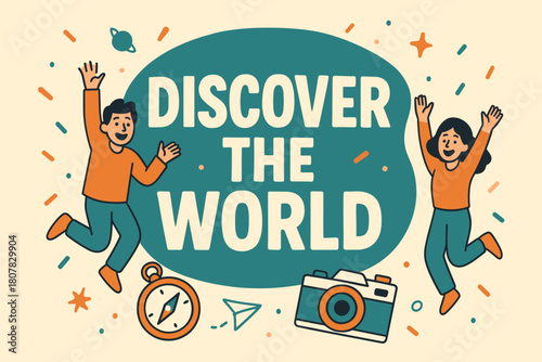 Explore the World. Discover the world banner, flat vector illustration, bold oversized text inside rounded blob, cartoon characters jumping and waving, compass