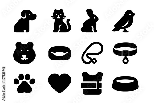 Pet Therapy Icons. Pet Therapy. Solid icon set of Pet Therapy: dog, cat, rabbit, bird, hamster, pet bed, leash, collar, paw print, heart symbol, therapy vest,