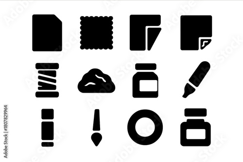 Mixed Media Icons. Mixed media materials. Solid icon set of Mixed media materials: paper sheet, fabric piece, magazine cutout, cardboard, thread spool, clay,
