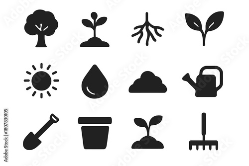 Nature Icons Set. Nature Growth. Solid icon set of Nature Growth: tree, sapling, roots, leaves, sun, water droplet, soil mound, watering can, shovel, plant