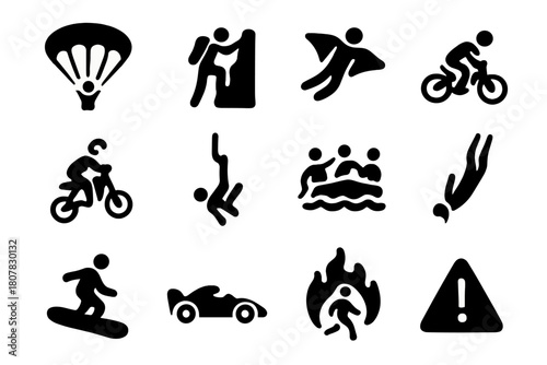 Extreme Sports Icons. High-Risk Activities. Solid icon set of High-Risk Activities: parachuting, rock climbing, base jumping, skydiving, motocross, bungee