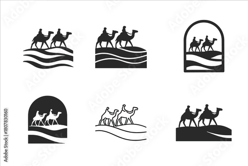 Camel Caravan Logos. Shifting Sands. Icon set. Set Logo of Shifting Sands: caravan of camels crossing layered dunes. harmonious logo variations of the same