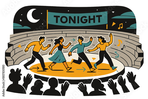 Moonlit Stage Performance. Open-Air Amphitheater Performance. Actors stride across a semicircular stage; moonlight washes the stone tiers as ?Tonight? glows on