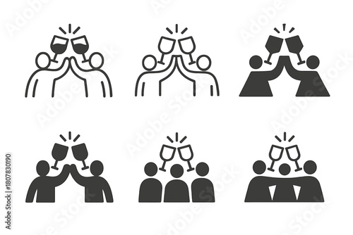 Cheers Logo Variations. Group cheers. Icon set. Set Logo of group cheers: friends toasting. harmonious logo variations of the same emblematic concept, each