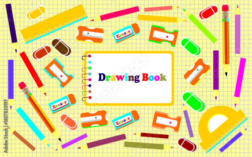 Drawing and coloring supplies icons. Set of drawing tools illustration. School theme for kids education background. Colored drawing tools. Clipart sets of drawing art.