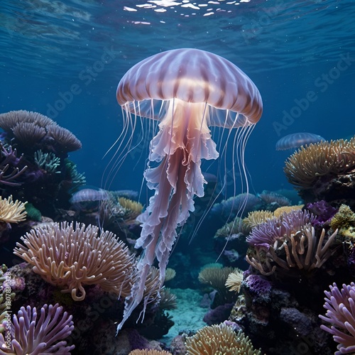 Jellyfish swimming gracefully above colorful coral reef underwater  