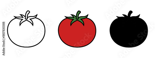 Tomato Icon Set Featuring Outline, Filled, and Silhouette Representations