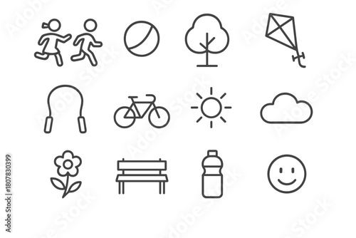 Outdoor Play Icons. Outdoor play. Line icon set of outdoor play: children running, ball, tree, kite, jump rope, bicycle, sun, cloud, flower, park bench, water