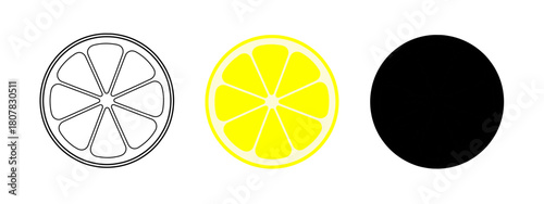 Lemon Fruit Segments in Black Outline, Yellow Color and Solid Black Shapes on White