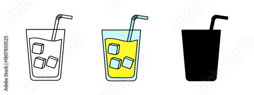 Three Graphic Glasses of Refreshing Drink with Ice Cubes and Straws in Line Style