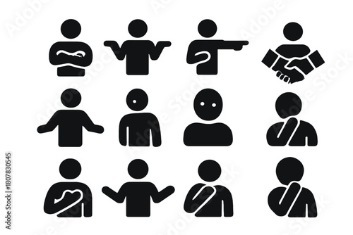 Body Language Icons. Body language. Solid icon set of Body language: crossed arms, shrug, pointing, handshake, open stance, nodding head, tilted head, raised