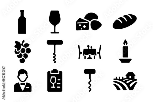 Wine Icons Grid. Wine and dine. Solid icon set of Wine and dine: wine bottle, glass, cheese platter, bread, grapes, corkscrew, restaurant table, candle,