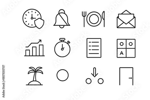 Work Boundaries Icons. Healthy boundaries at work. Line icon set of healthy boundaries at work: clock with shield, do not disturb bell, lunch break plate, out