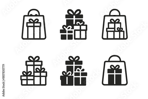 Stacked Gift Icons. Presents stacked up. Icon set. Set Logo of Presents stacked up: Gift bag. harmonious logo variations of the same emblematic concept
