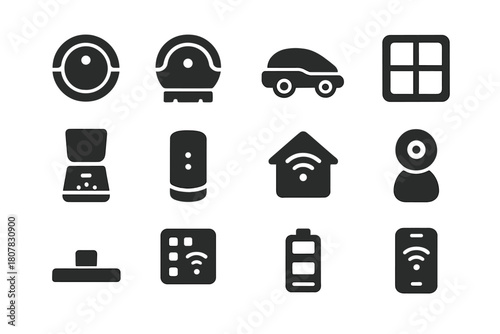 Household Robot Icons. Household Robots. Solid icon set of Household Robots: vacuum robot, mop robot, lawn robot, window cleaner, pet feeder, voice assistant,