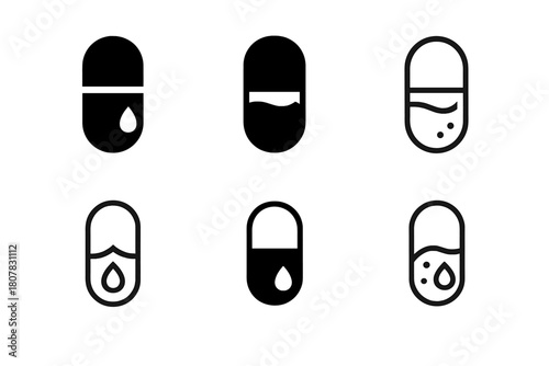 Edible Packaging Icons. Edible packaging innovations. Icon set. Set Logo of edible packaging innovations: capsule containing drinkable portion. harmonious logo