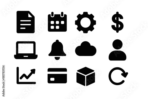 Subscription Management Icons. Subscription management. Solid icon set of subscription management: document, calendar, gear, dollar sign, laptop, bell, cloud,