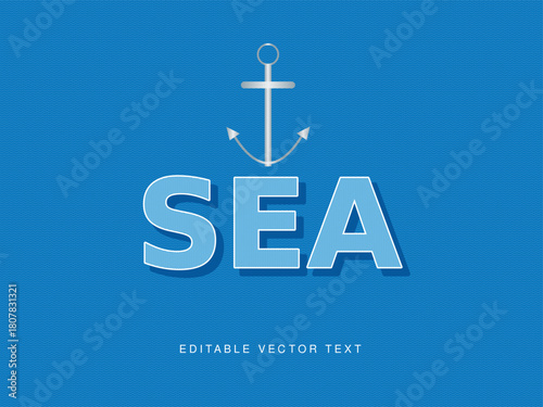 Editable vector text showing the word sea with an anchor symbol on a blue background