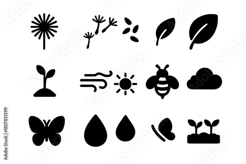 Nature Growth Icons. Nature growth. Solid icon set of Nature growth: dandelion, seed puff, seeds, leaf, stem, wind, sun, bee, butterfly, dew drop, cloud,