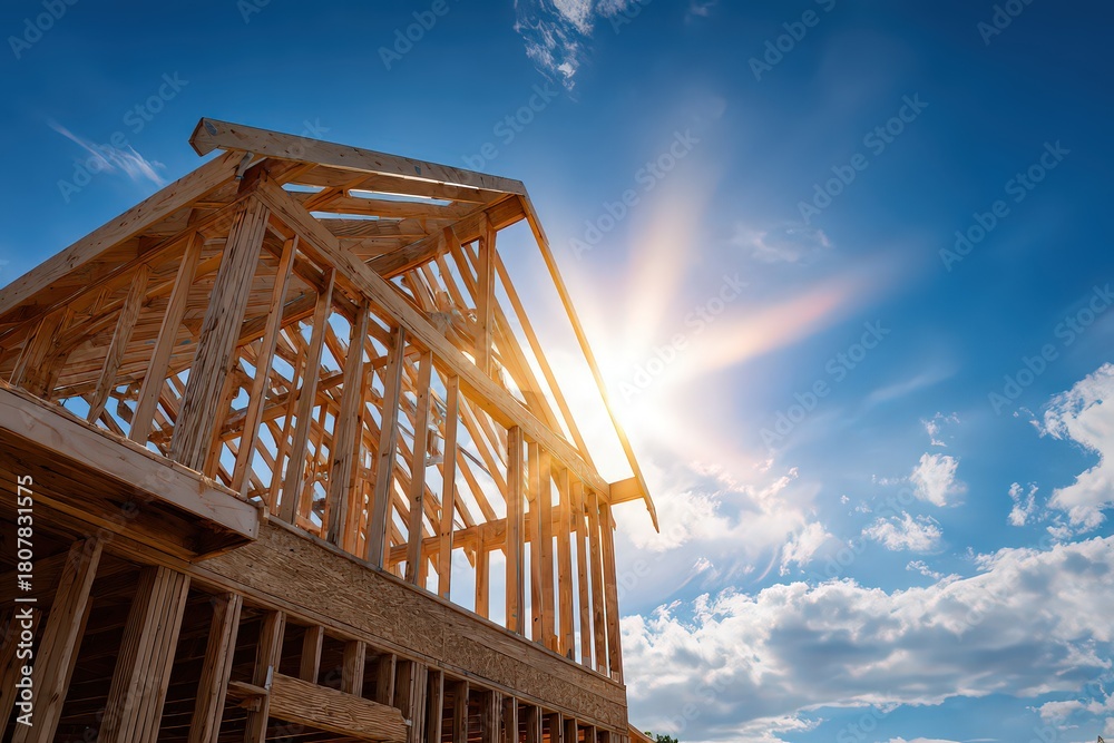 Obraz premium Wooden Frame Construction Against a Vibrant Blue Sky with Sunlight Glare for Residential Building Under Sunny Weather