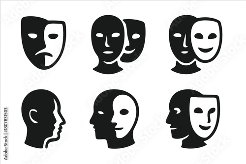 Morphing Face Symbols. Digital avatars and evolving identity. Icon set. Set Logo of Changing Mask: Morphing face symbol. Flat solid, Symmetrical form, Stylized