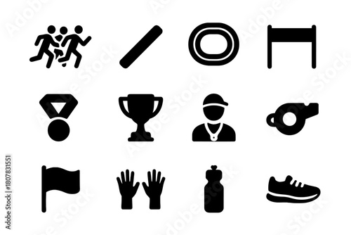 Relay Icons Set. Relay Teamwork. Solid icon set of Relay Teamwork: group running, baton, track, finish line, medal, trophy, coach, whistle, flag, cheering