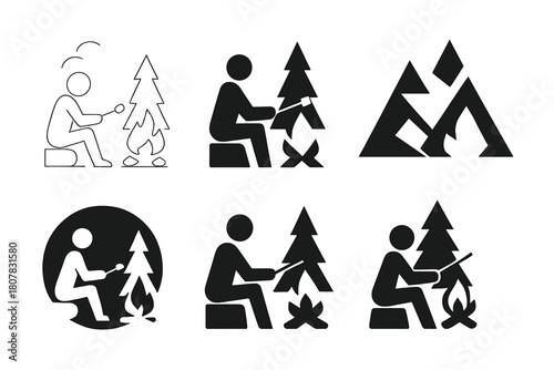 Campfire Logo Variations. A person sitting by a campfire in the woods, roasting marshmallows and telling stories. Icon set. Set Logo of A person sitting by a