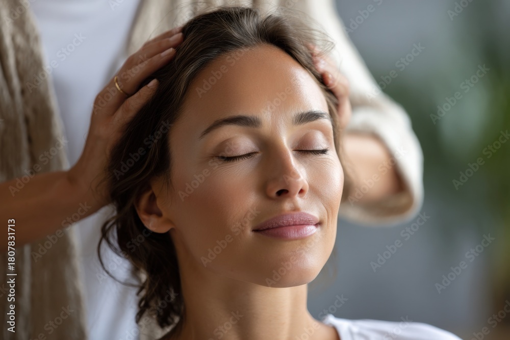 Fototapeta premium Relaxed young adult caucasian female enjoying head massage