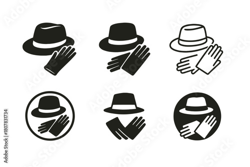 Vintage Fashion Logos. vintage clothing. Icon set. Set Logo of vintage clothing: classic hat and gloves set. harmonious logo variations of the same emblematic