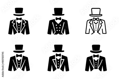 Circus Costume Logos. Circus costumes. Icon set. Set Logo of circus costumes: ringmaster uniform. harmonious logo variations of the same emblematic concept,