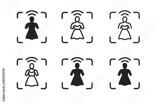 Augmented Fashion Logos. Augmented reality fashion. Icon set. Set Logo of augmented reality fashion: holographic dress projection around body. harmonious logo