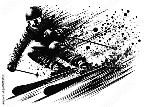 A bold black-and-white illustration captures a skier carving down a slope, leaving a splash of ink-like particles. Energetic, fast-paced, and powerful, perfect for sports,