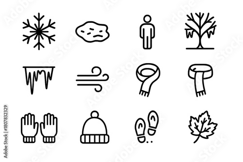 Frozen Icon Set. Frozen scenery. Line icon set of Frozen scenery: snowflake, ice patch, frozen pond, frozen tree, icicles, cold wind, person standing, scarf,