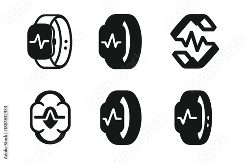 Fitness Tracker Logos. A close-up of a fitness tracker or smartwatch showing workout stats. Icon set. Set Logo of fitness tracker: smart wristband with