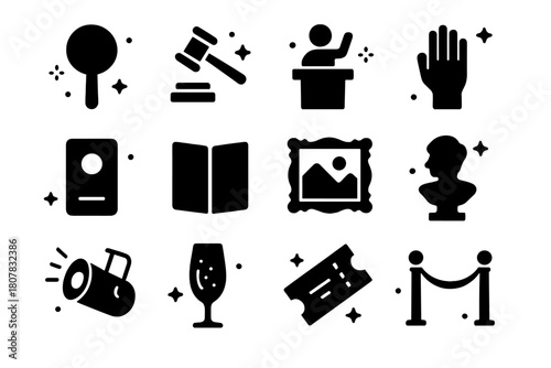 Art Auction Icons. Attending an art auction. Solid icons set of Attending an art auction: auction paddle, gavel, auctioneer podium, bidding hand, lot card,