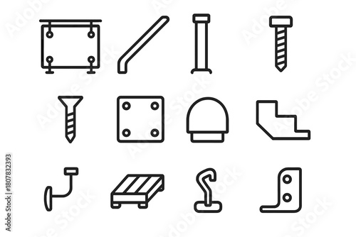 Stair Railing Icons. Stair railing. Line icon set of stair railing: glass panel, handrail, post, bolt, screw, base plate, end cap, stair step, wall bracket,