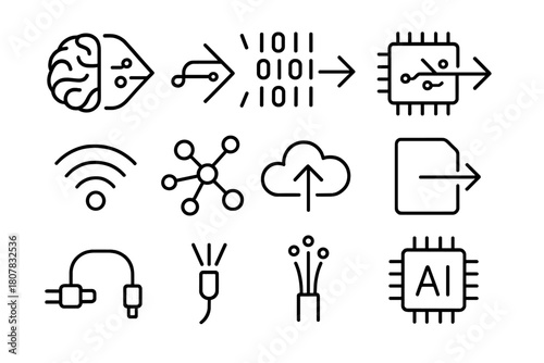 Neural Data Icons. Neural data transfer. Line icon set of neural data transfer: brain, circuit arrow, binary stream, chip, wireless signal, network nodes,