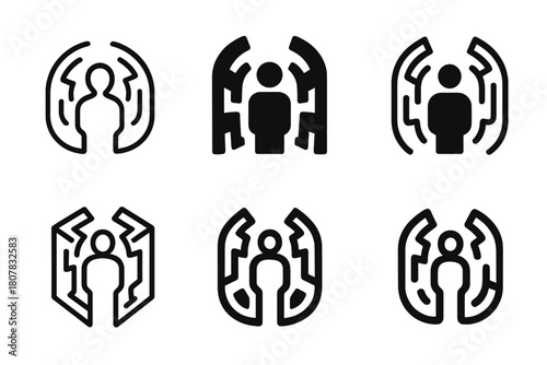 Depression Wall Icon Set. Wall of depression closing in around a figure. Icon set. Set Logo of wall of depression closing in around a figure: maze walls