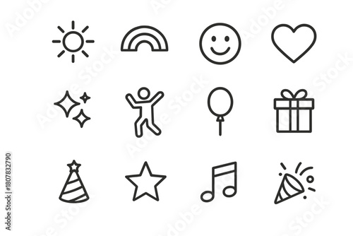 Positive Vibes Icons. Positive vibes. Line icon set of positive vibes: sun, rainbow, smiling face, heart, sparkles, dancing person, balloon, gift box, party