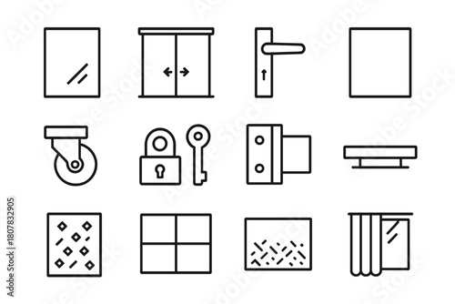 Glass Partition Icons. Glass partitions. Line icon set of glass partitions: glass panel, sliding door, handle, frame, roller wheel, lock, key, hinge, rail,