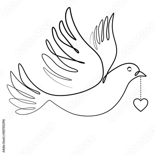 Homing pigeon brings love One continuous line drawing. flying dove. Bird outline vector illustration. Romantic, love wedding concept in simple line style. Symbol of peace, hope, freedom.