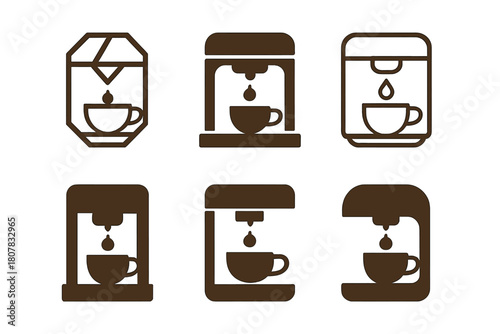 Espresso Machine Logo Set. Coffee brewing. Icon set. Set Logo of coffee brewing: espresso machine. harmonious logo variations of the same emblematic concept,