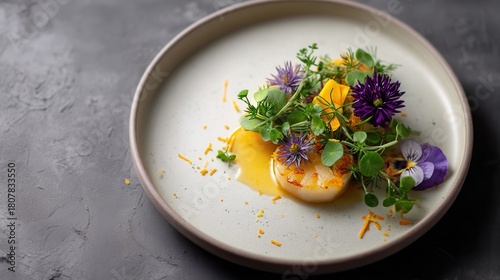 Seared Scallop Waltzes on a Porcelain Stage, Adorned With Edible Flowers, Citrus Dust and Herbaceous Whispers, in a Modern Dining Room
