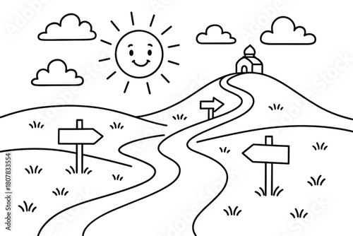 Smiling Sun Path. Pilgrimages and spiritual travel children?s coloring book illustration, outlined drawing, a friendly path winding toward a distant hill with