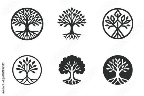 Tree of Life Variations. Nature. Icon set. Set Logo of nature: tree of life. harmonious logo variations of the same emblematic concept, each with different